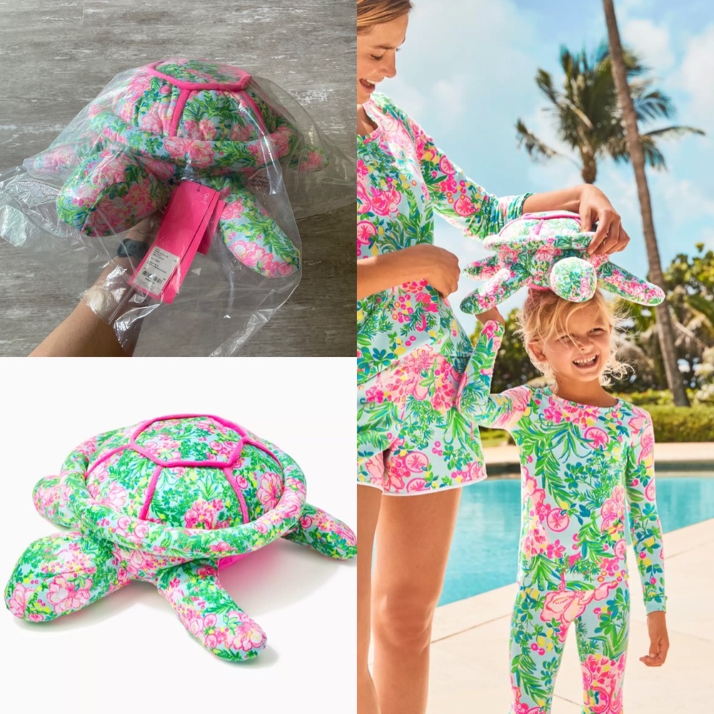 Lilly Pulitzer Shelly Turtle Stuffed Animal - Seasalt Blue Fruity Flamingo NEW
